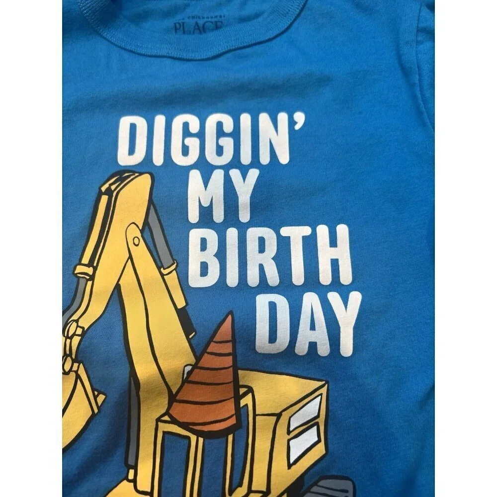 Children’s Place 4T Toddler Boys Birthday Construction Vehicle Graphic Tee Blue